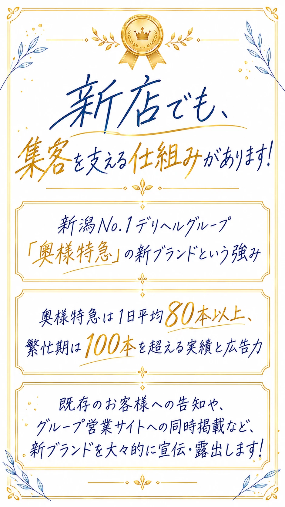 新店でも集客を支える仕組みがあります。新潟ナンバーワンデリヘルグループの新ブランドとして大々的に宣伝します。