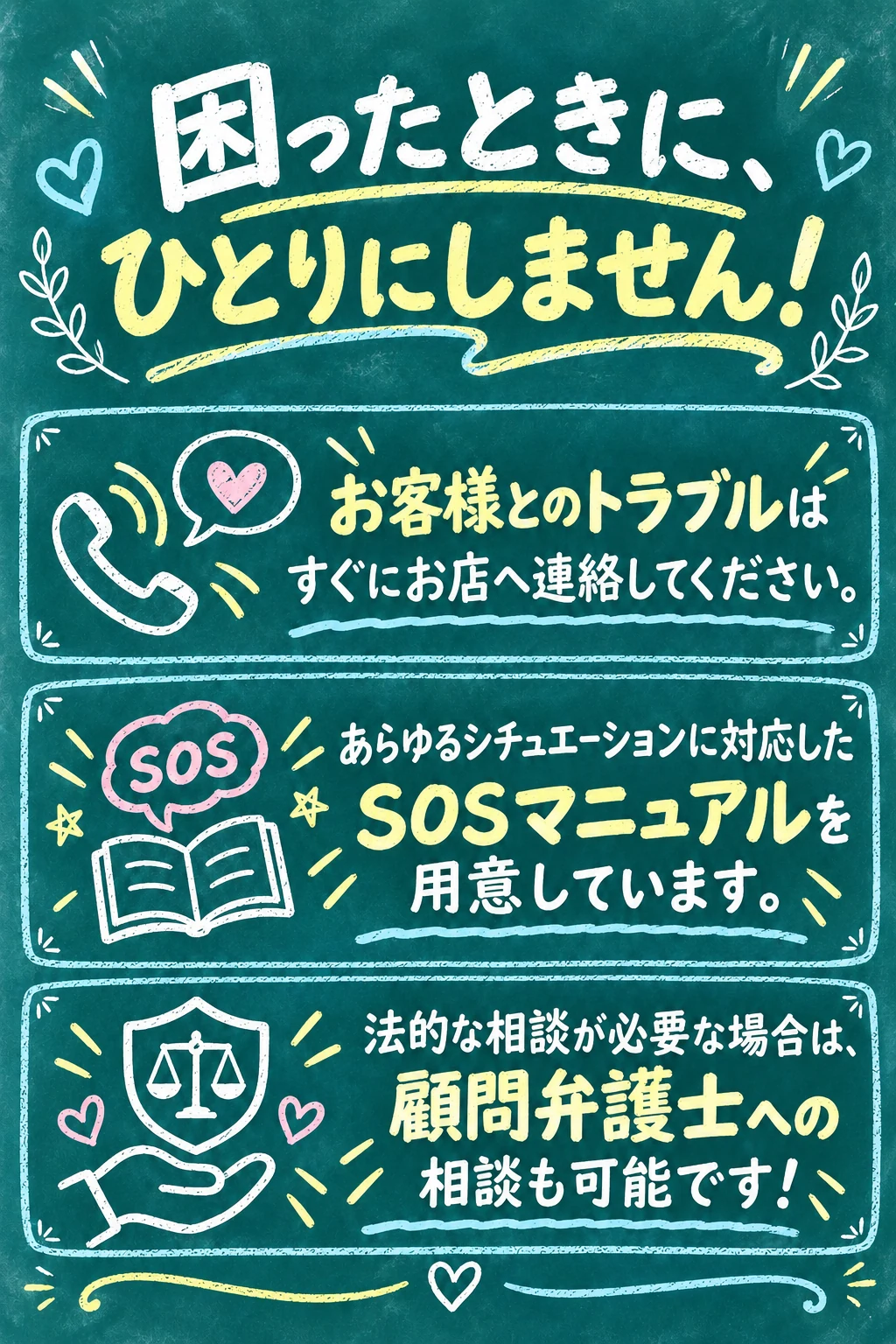 困ったときにひとりにしません。お客様とのトラブル対応、SOSマニュアル、顧問弁護士への相談をサポートします。