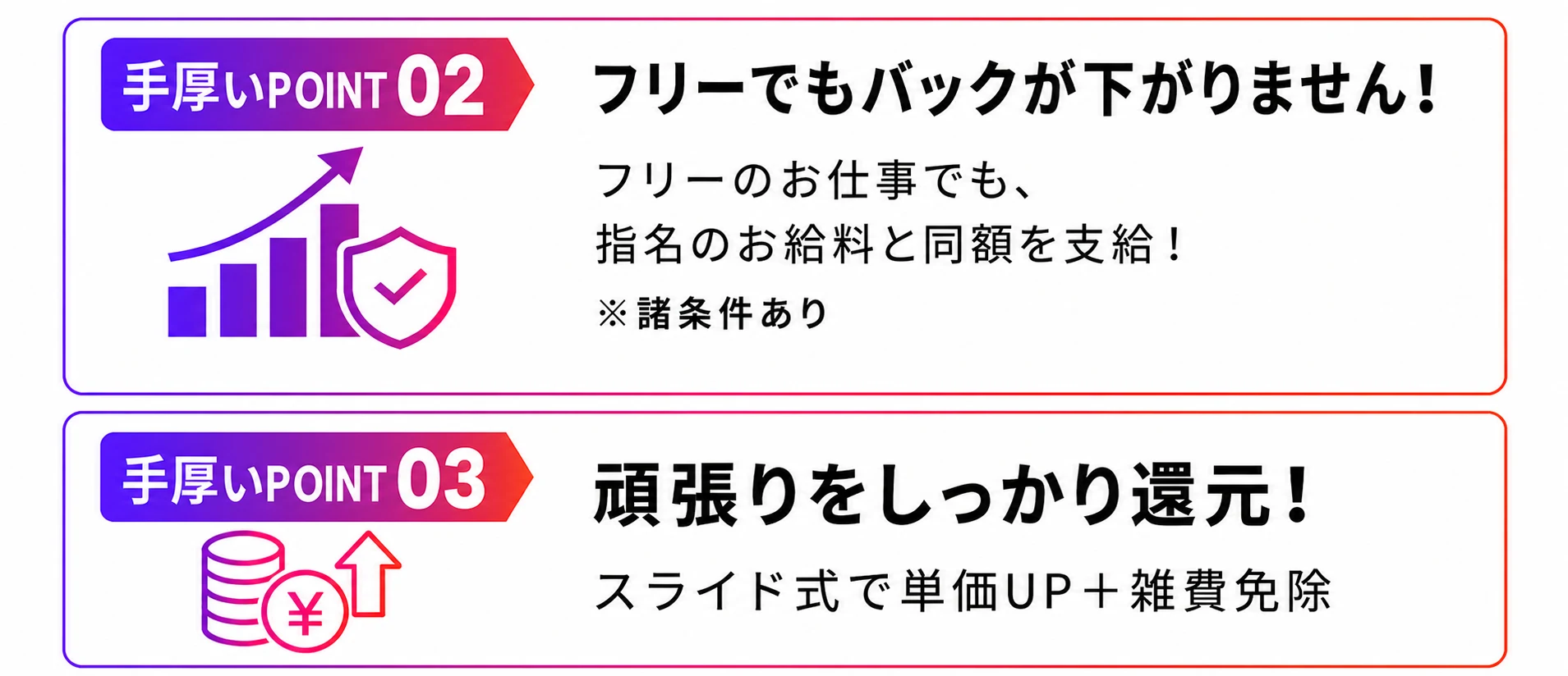 手厚いポイント。フリーのお仕事でも指名のお給料と同額を支給。スライド式で単価アップと雑費免除。諸条件あり。